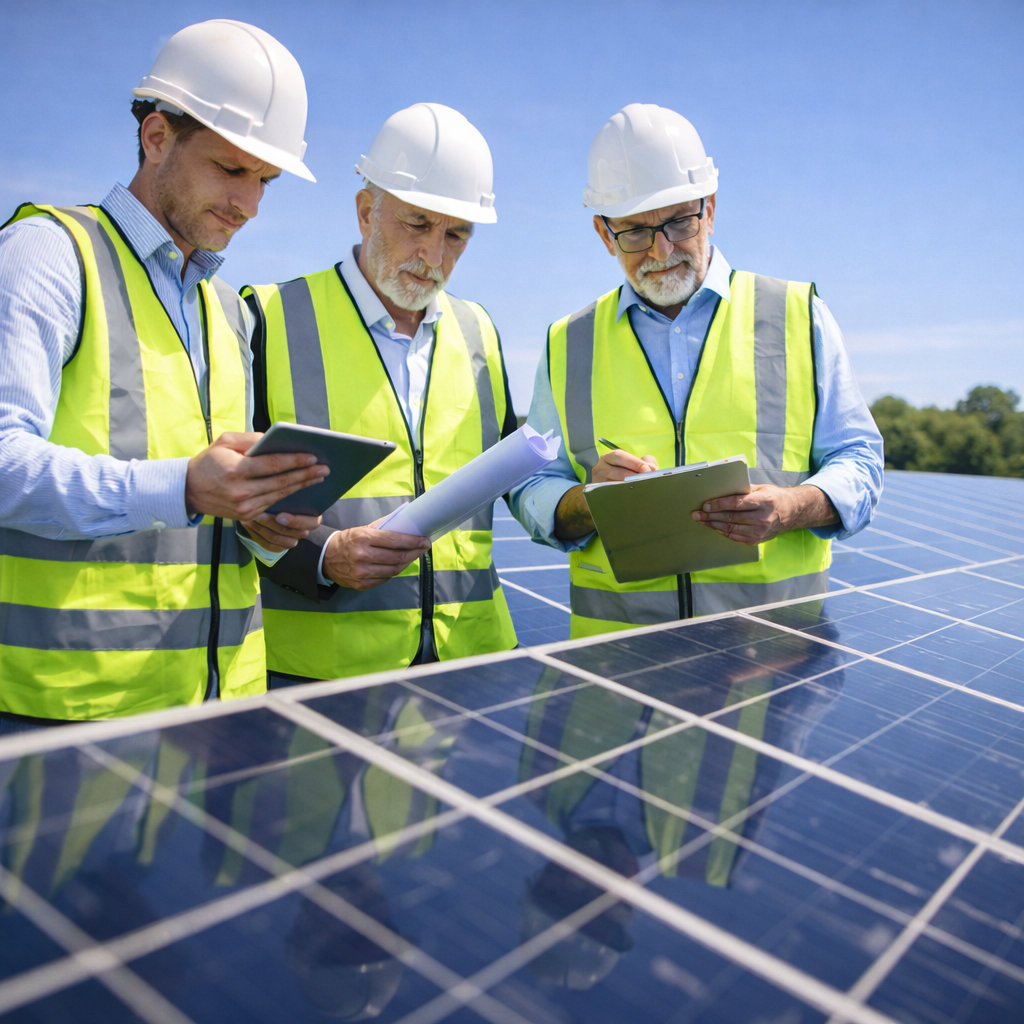 Our team inspecting solar panel installations